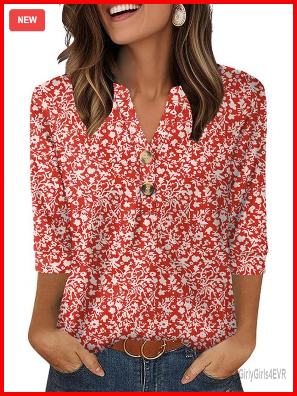 Womens 3/4 Sleeve Henley V-Neck Button Blouse Loose Fit Tunic Top